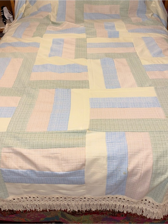 No tags hand made Other - Pastel Patchwork Crochet-Trim Bedspread - White, Blue, Pink, Green